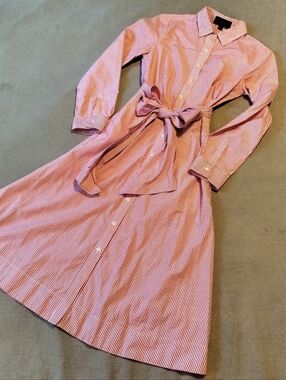 J Crew Poplin Midi Shirt Dress Sz 0 XS Red White Pinstriped Button Front Pockets